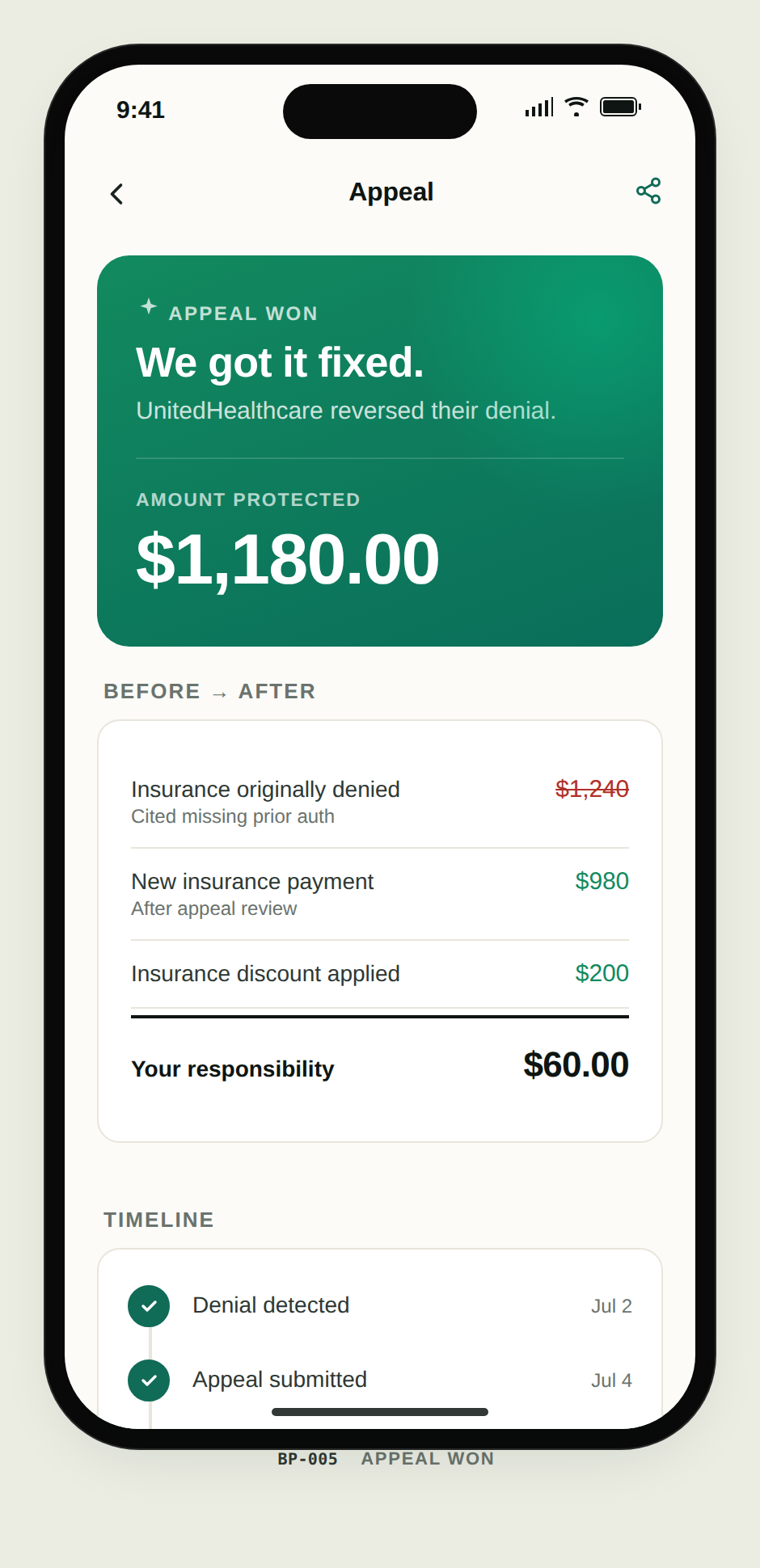 Modera appeal resolved screen showing $1,180 protected