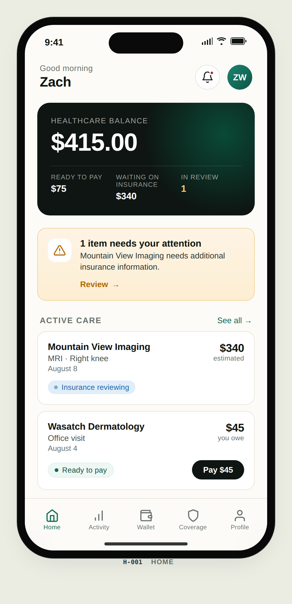 Modera home screen showing current healthcare balance and active care
